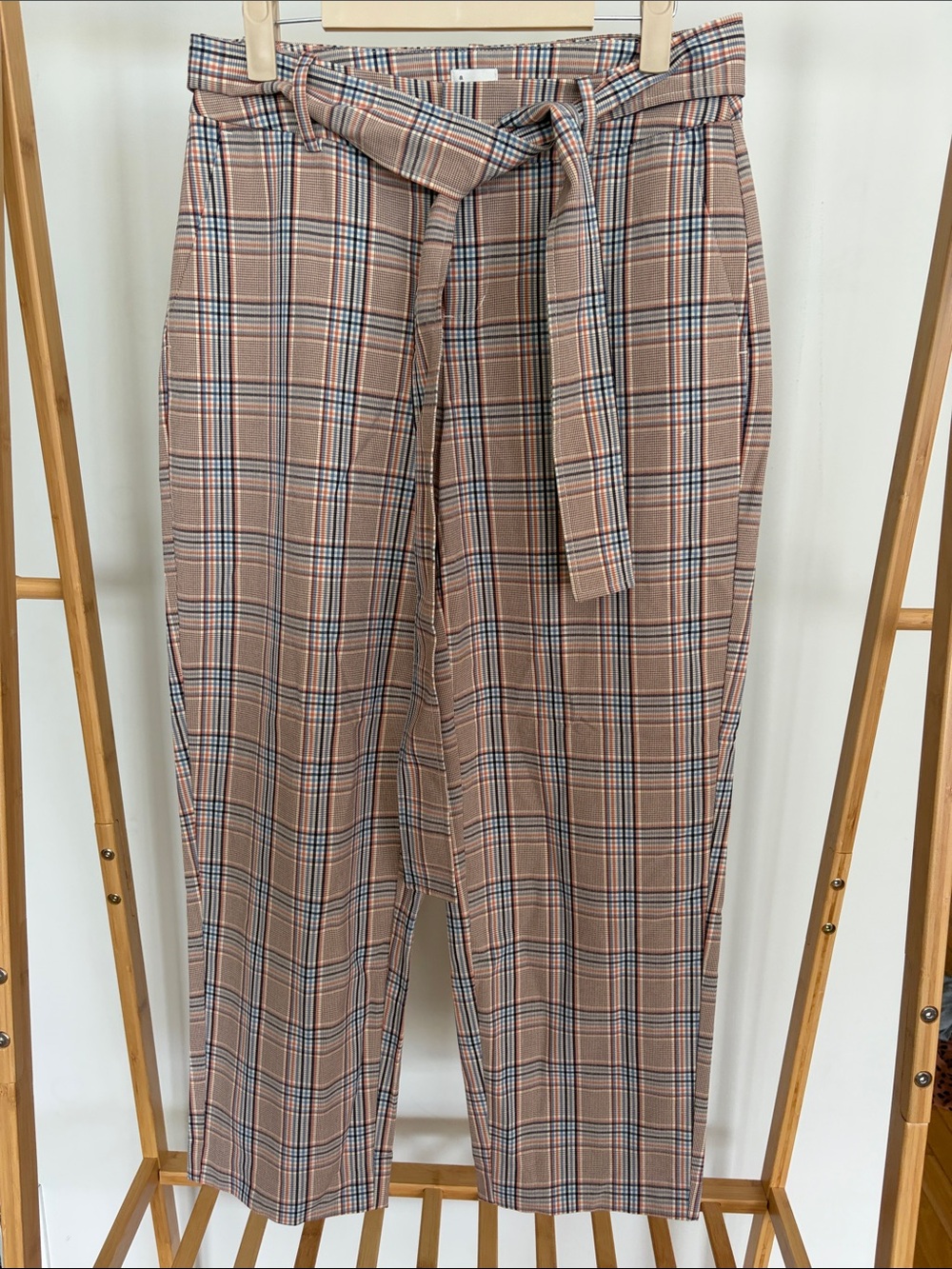 High-Waist Plaid Tie-Belt Trousers in Blush